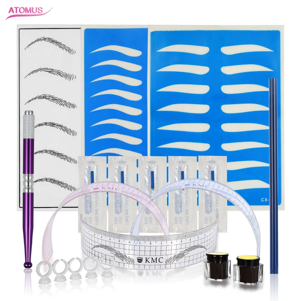 ATOMUS 1Set Pro Microblading Practice Skin Ручная ручка Кольцо Чернила Чашка Перманентный макияж Линейка бровей Игла для татуировки Набор пигментных чернил