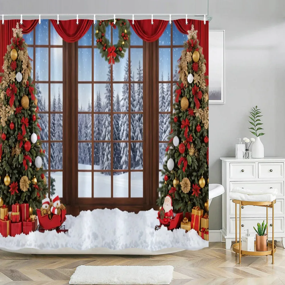 

Merry Christmas Shower Curtain Christmas Home Decor Father Christmas Gift Simulation Window Snowy Washable Shower Curtains Decor