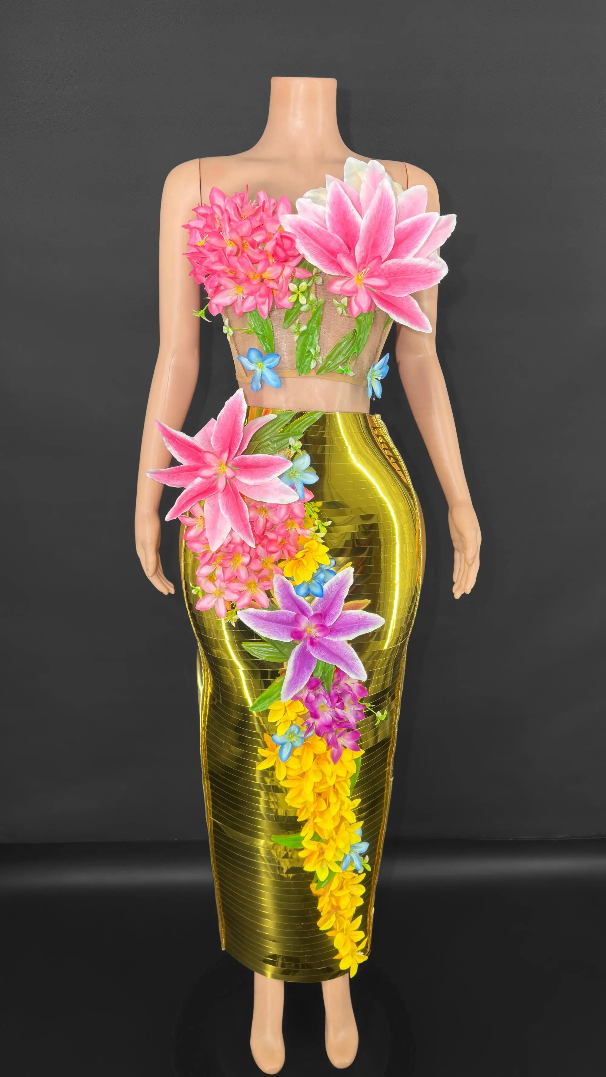 ZD "Sexy Sheer Flower Dress – Mesh See-Through Evening Outfit for Dance, Stage Show & Celebration Events"