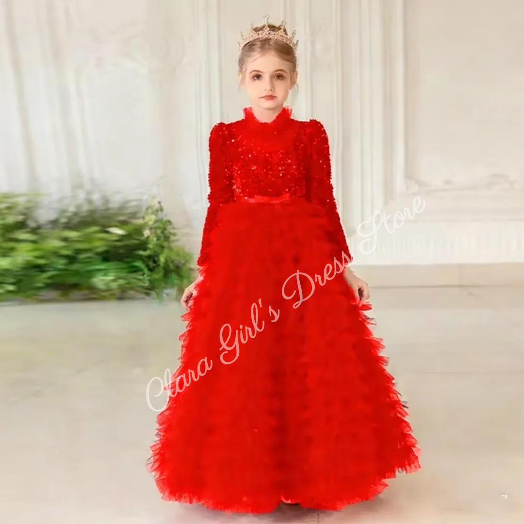 Элегантное свадебное платье с высоким воротом и пайетками, длинными рукавами, тюлевая юбка, детское праздничное платье для причастия и бала на заказ