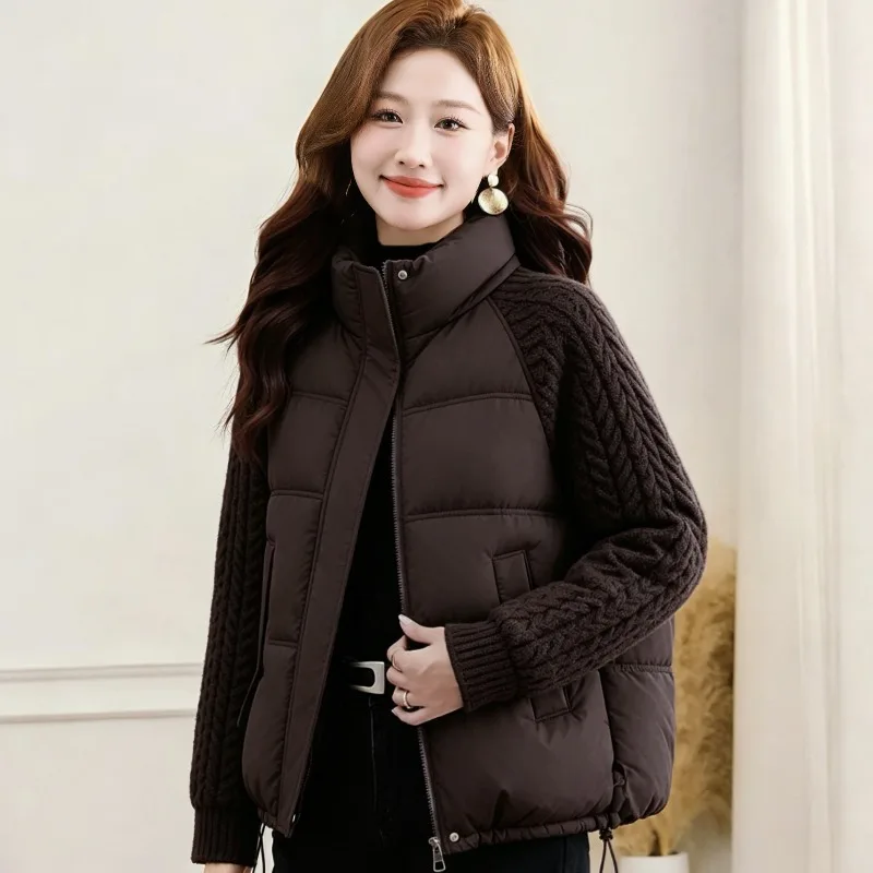 2026 Knitted-sleeve Spliced Down Cotton-padded Jacket Women's Short Parkas Winter Stand-collar Coat Thicken Warm Loose Outerwear
