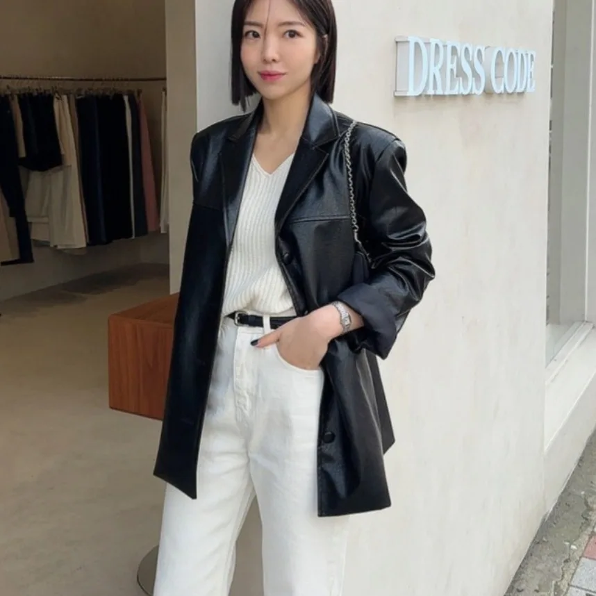 معطف نسائي أنيق فضفاض بتصميم عتيق من جلد البولي يوريثان Jaet Faionable Commute متعدد الاستخدامات طويل Sve irt النسخة الكورية من الجلد