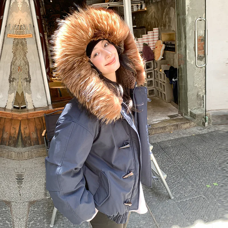 Women's Autumn Winter Top Coat Cotton Coat Fur Collar Horn Button Hood Thickened Warm Retro Comfortable Casual Niche Versatile