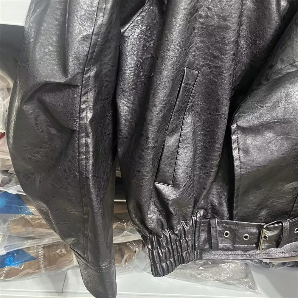 Nova moda feminina casual lapela manga comprida zíper decoração solta e versátil jaqueta de couro