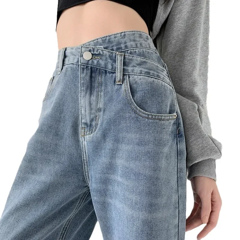 Spodnie z szerokimi nogawkami Damskie dżinsy w stylu vintage Wysoka talia Luźny krój Podstawy Pełna długość Kieszenie Guzik 2025 Casual Denim Proste spodnie — zdjęcie 6
