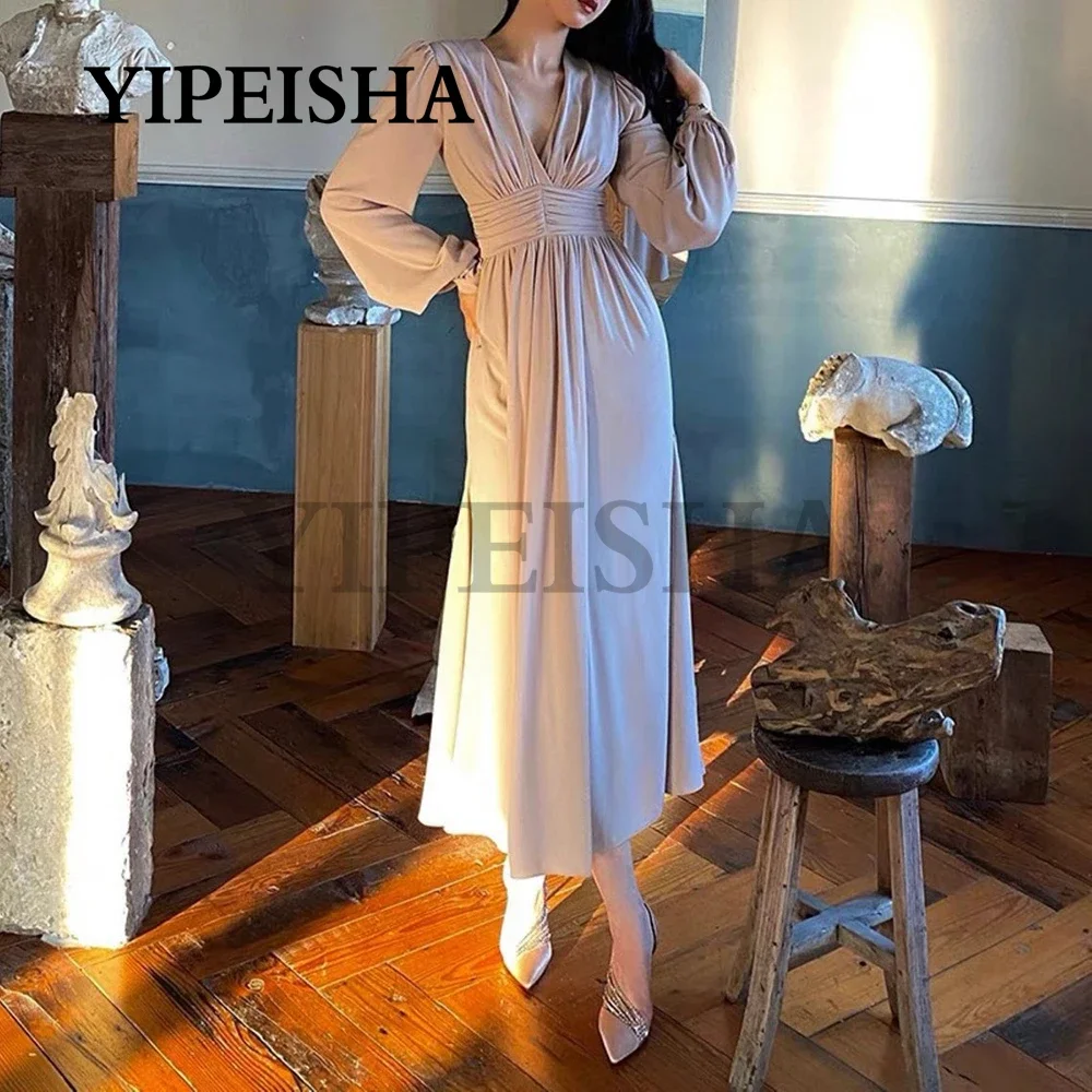 

Customized Simple V-Neck A-Line Cocktail Dresses Long Sleeve Pleat Tea-Length Party Dress Women Daily Dress Robe De Soirée Femme