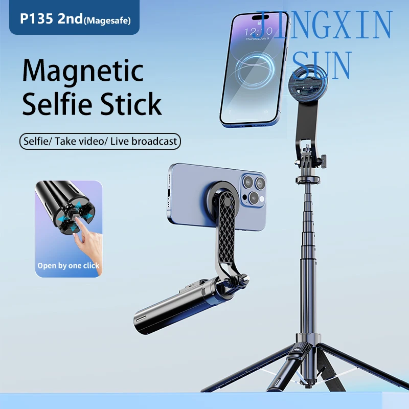 New Arrival Extendable Wireless 1.35m Aluminum 4 Legs Magnetic Selfie Stick P135 Quadripod Tripod With Detachable Remote