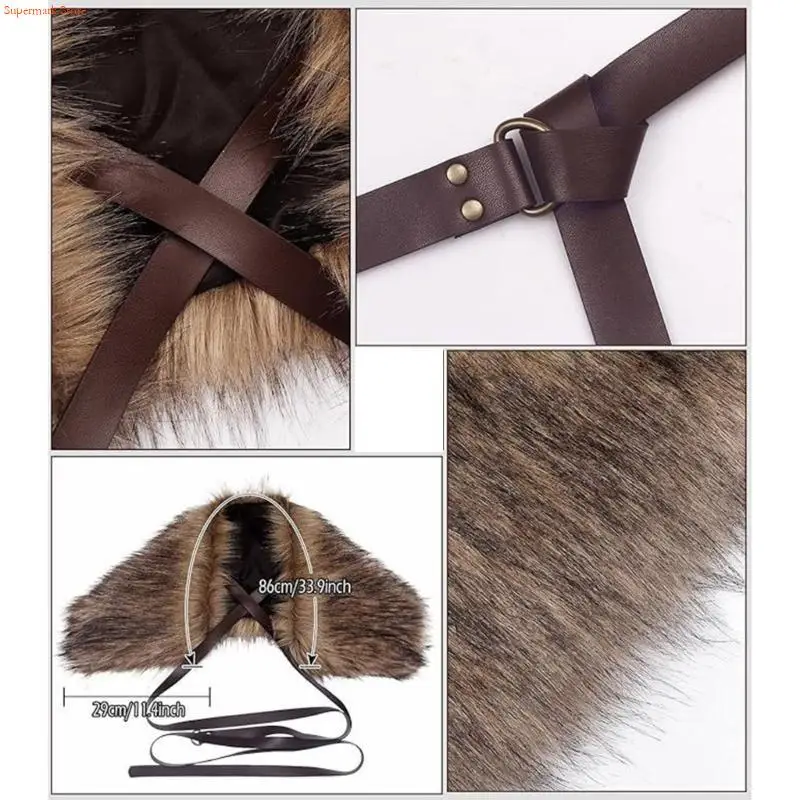Q5we Médieval Faux Furs Mantle épaule Emballage Femmes Men Halloween Renaissances Cosplay Costume accessoire Vikinges Câle