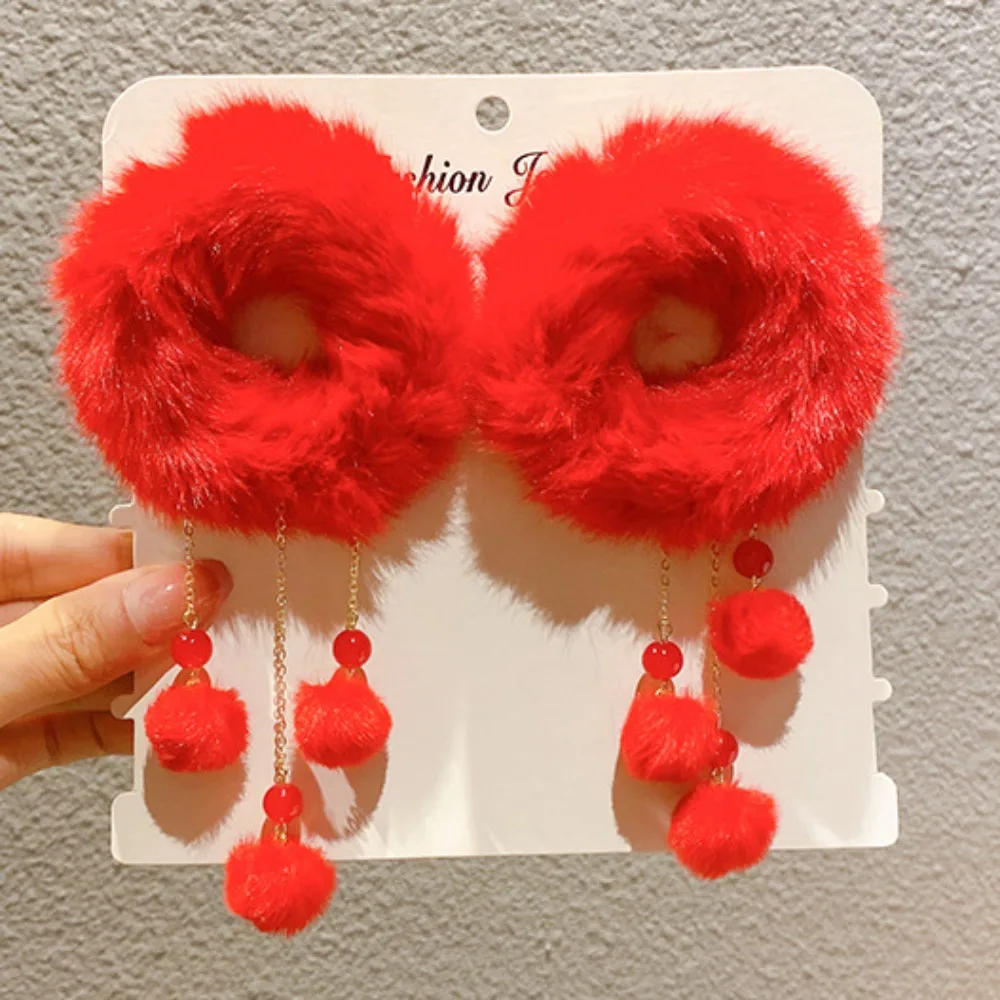 

2pcs Lovely Ancient Style New Year's Red Hair Rope Elastic Universal Girl Hair Ties with Tassel Girl Headwear Daily Life