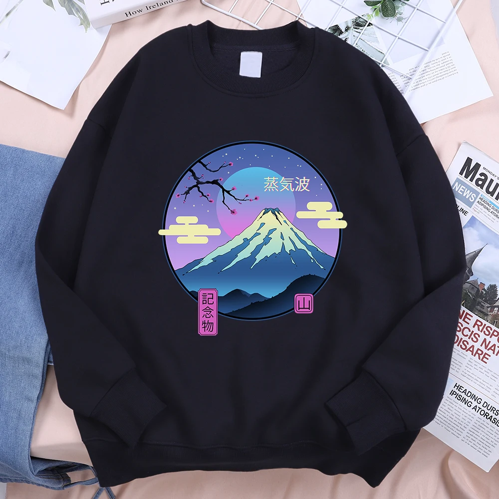 Japanese Harajuku Sakura Mount Fuji Hoody Men Fashion Sweatshirt Fleece Fleece Hoodies Crewneck Loose Comfortable Clothes Casual