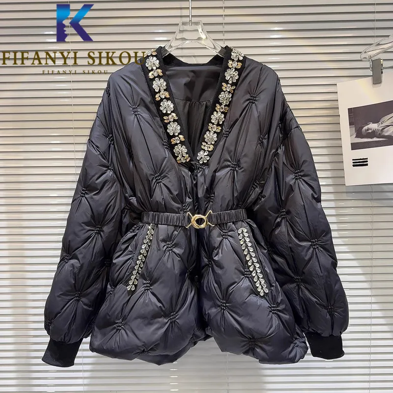 

Black V-Neck Down Jacket Women Diamonds Decoration Fashion Belt Loose Down Coat Female High Quality Winter Jacket Warm Parka