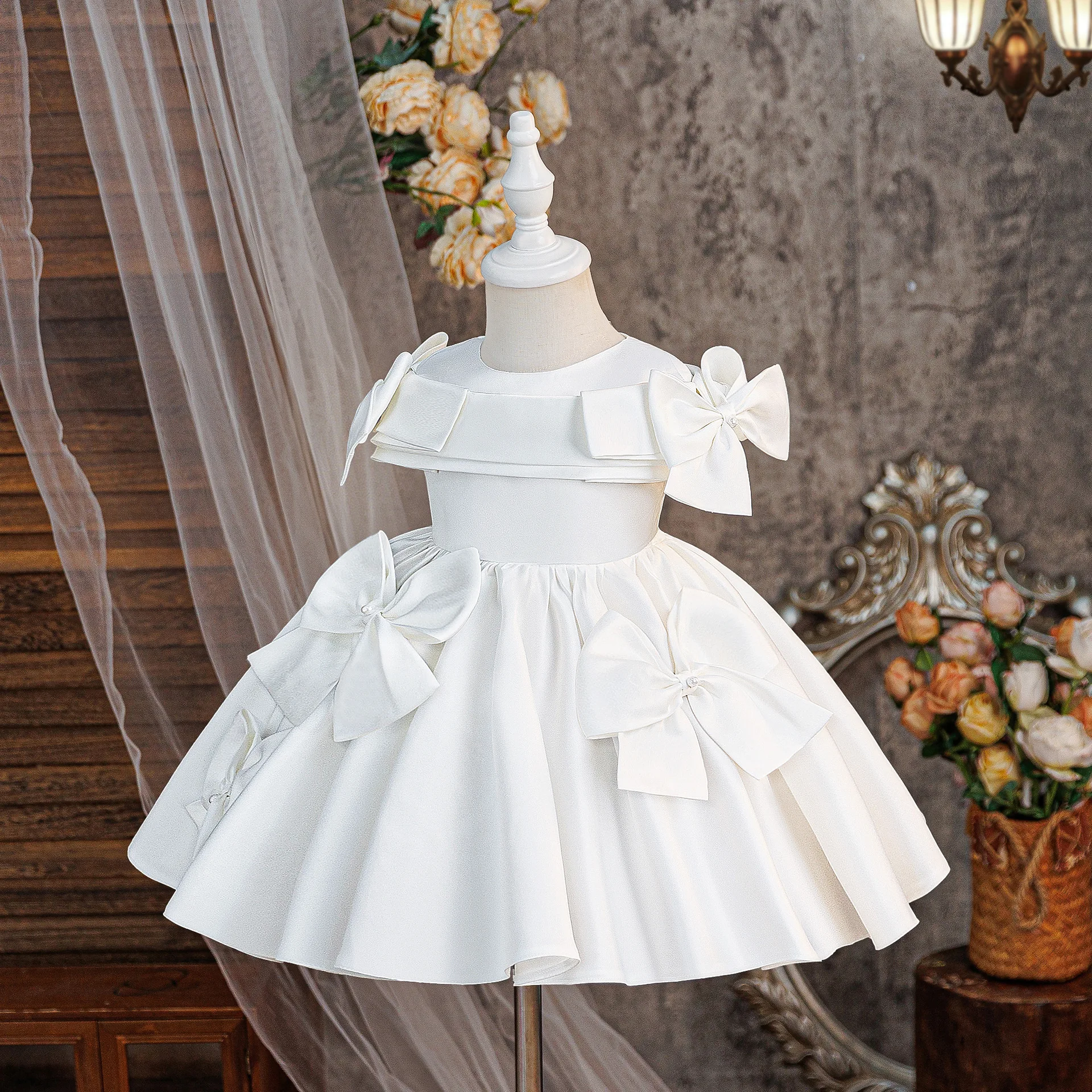 Baby Girls Dress Elegant Wedding Princess Evening Dress Girl Bow Bridesmaid Prom GownToddler Baptism 1st Birthday Party