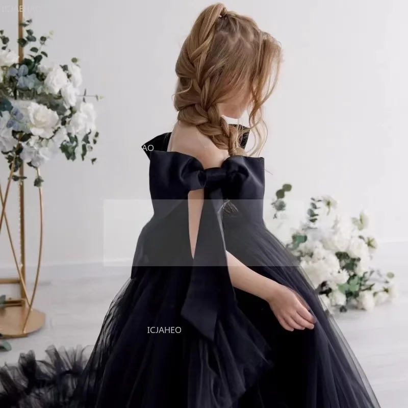 

Черное многоярусное тюлевое платье для девочек на свадьбу, конкурсное бальное платье принцессы с цветочным узором для девочек на день рождения, вечерние детские выступления, фортепиано
