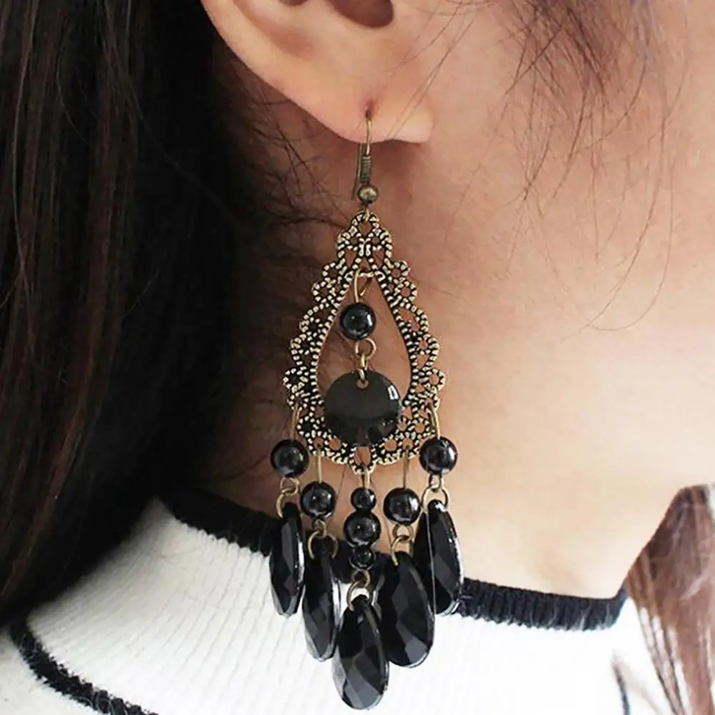 1 Pair Hoop Earrings Exquisite Bright Hollow Pendant Water Drop Beads Earrings for Women Girls Birthday Party Jewelry