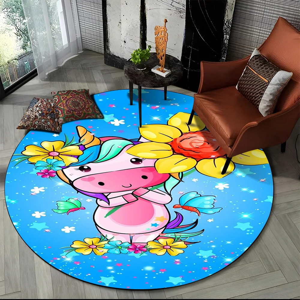 Unicorn Cartoon Animal Round Carpet Rug for Living Room Children's Bedroom Sofa Decor,Kid Paly Game Area Rug Non-slip Floor Mat