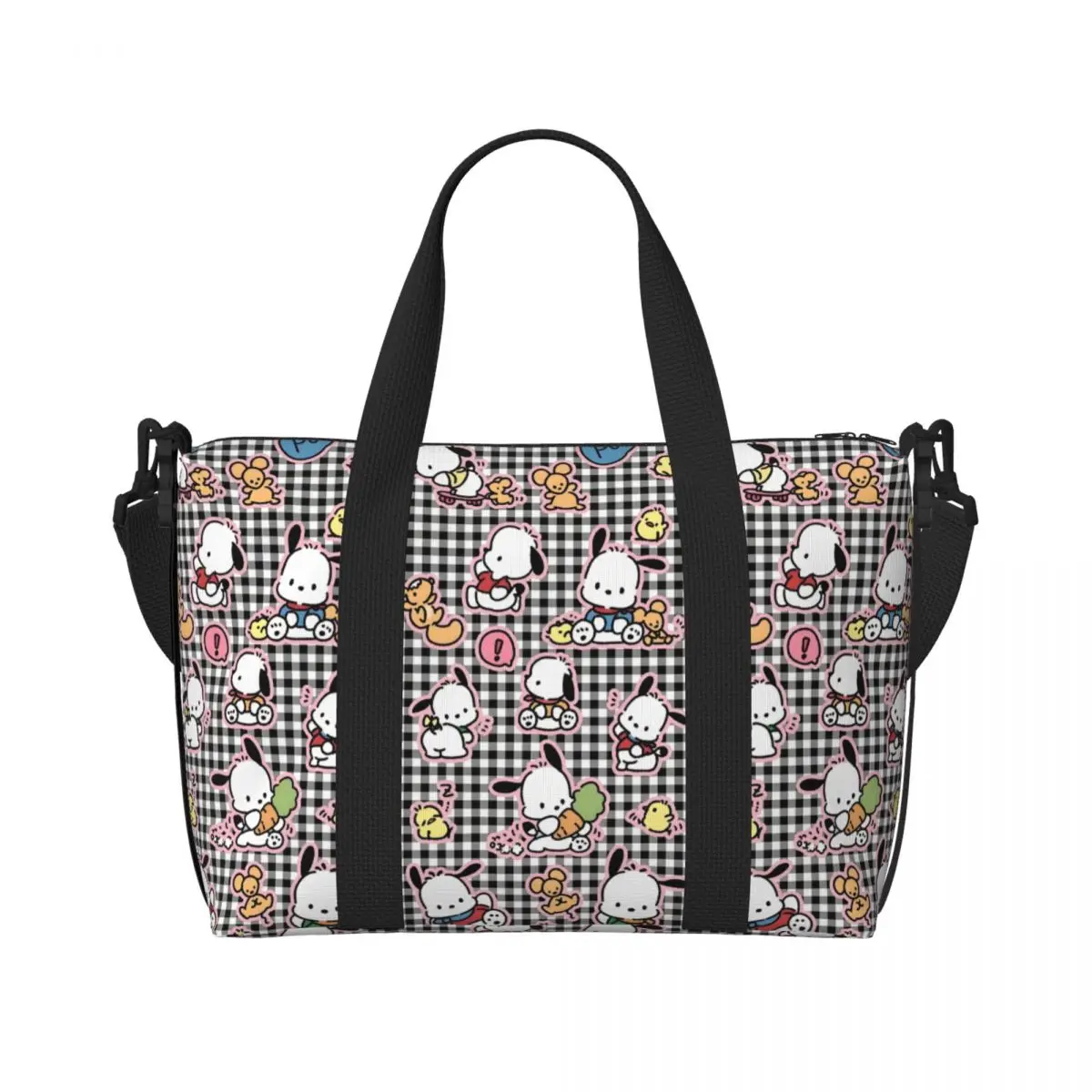 

Custom Pochacco Kawaii Anime Beach Tote Bag Women Extra Large Gym Carry On My Melody Pattern Travel Shopping Bags