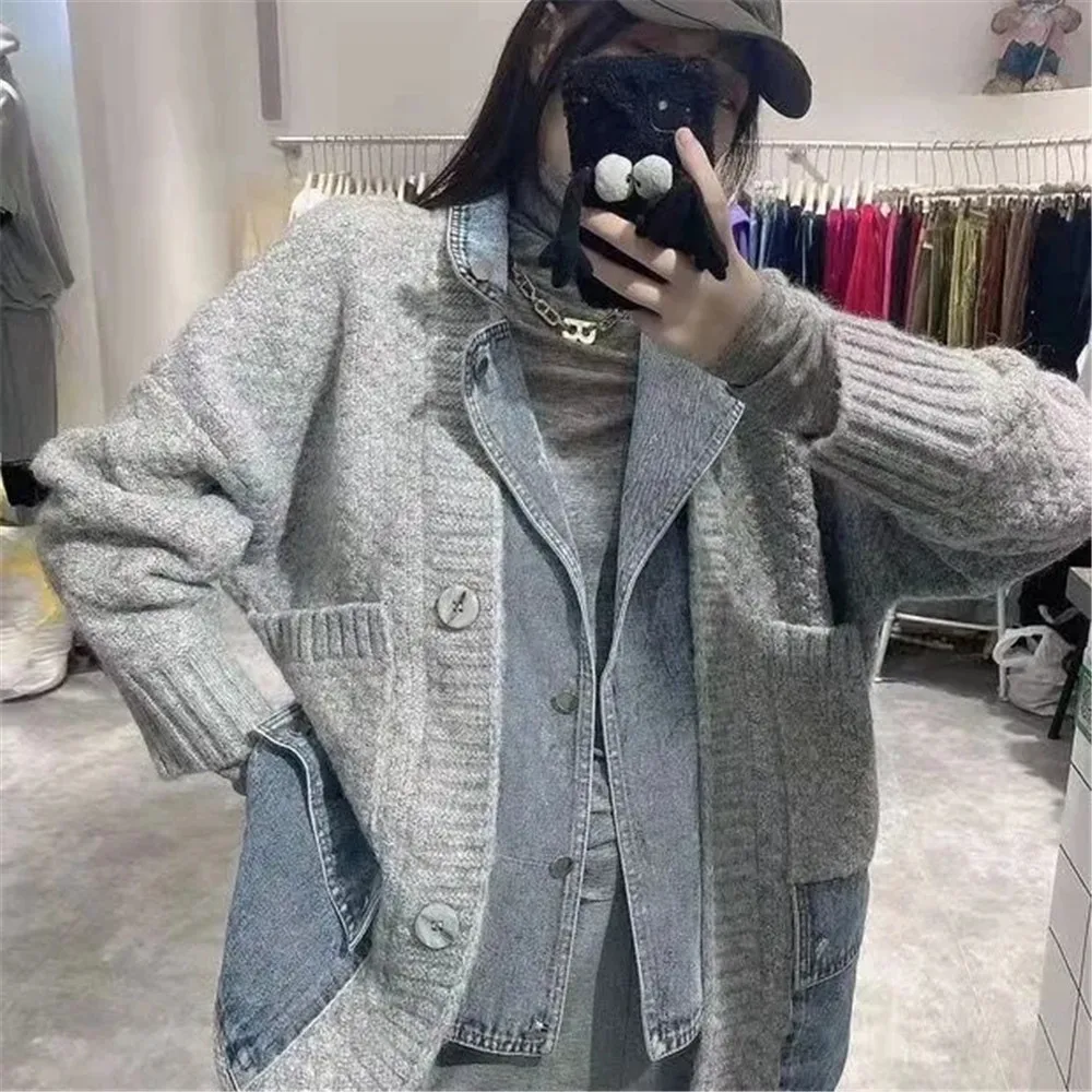 Vintage Spliced Jean Cardigans Women Loose Long Sleeve Streetwear Jacket Coats Korean Fashion Y2k Harajuku Baggy Knitted Sweater