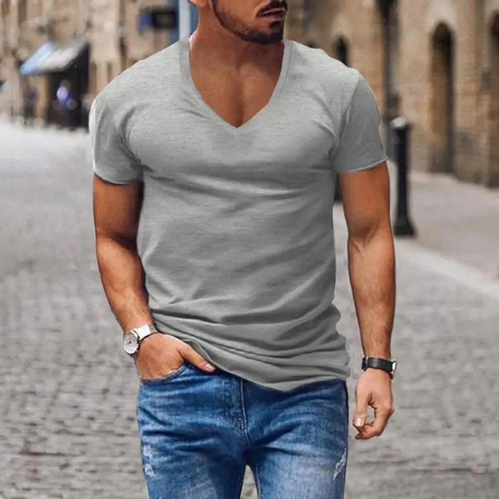 Men T-shirt V-neck Solid Color Sweat Absorption Breathable Soft Dress-up Washable Summer Men Shirt Top Men Pullover Top