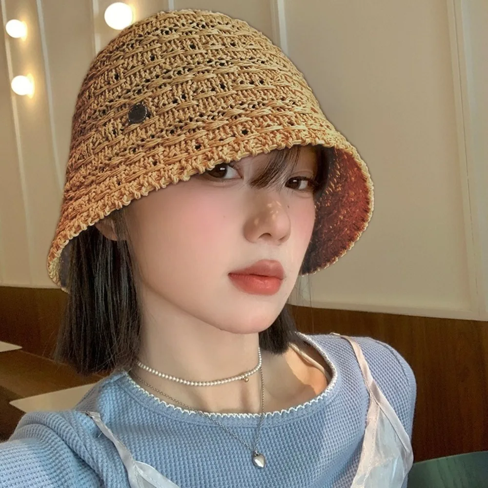 

Elegant Summer Straw Sun Hat Wide Brim Hollow Straw Bucket Hat Breathable Vacation Beach Visor Cap Travel