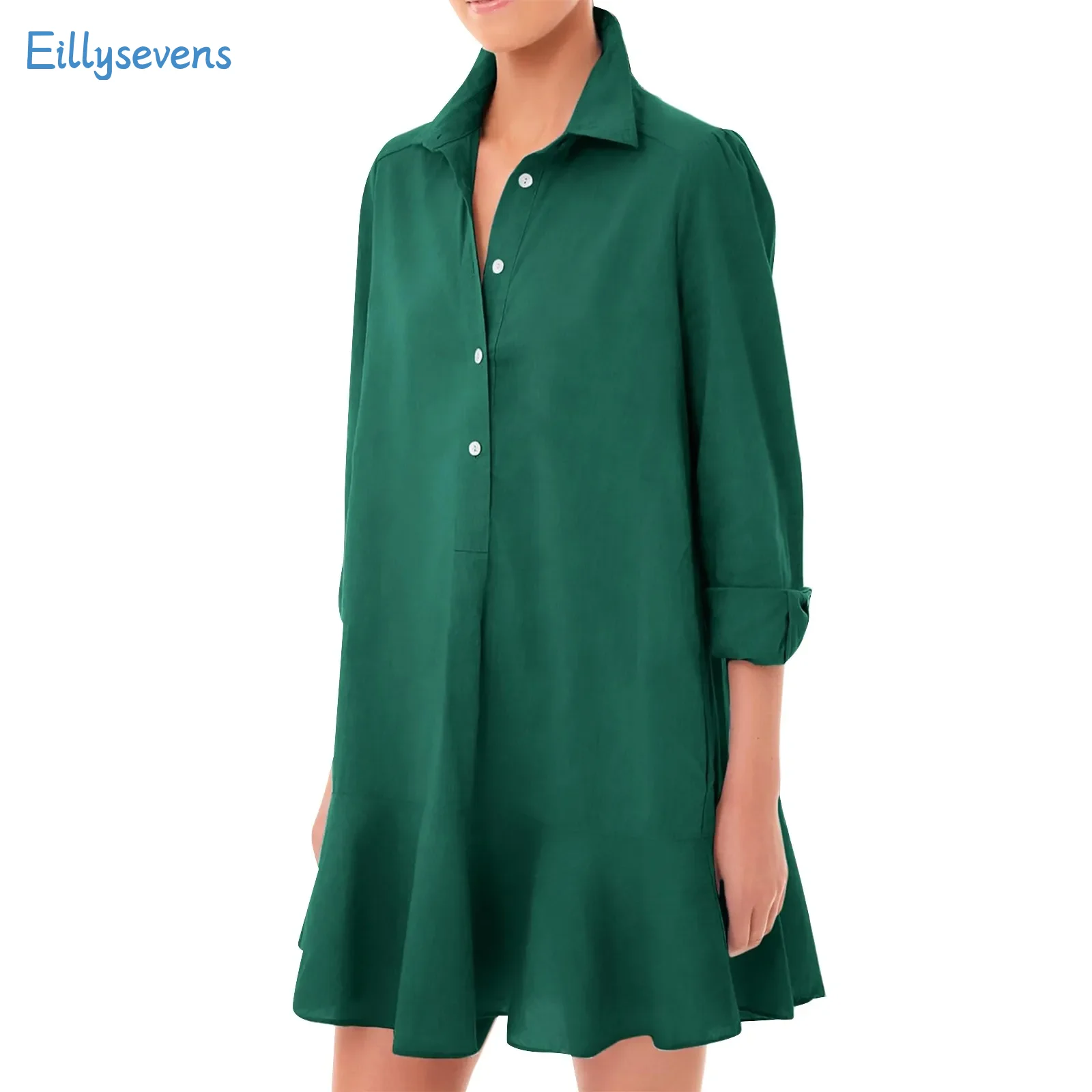 Women Loose Dresses Fashion Casual Half Open Shirt Hem Ruffle Classic Solid Dresses Daily Commute Date Simple Long Sleeve Dress