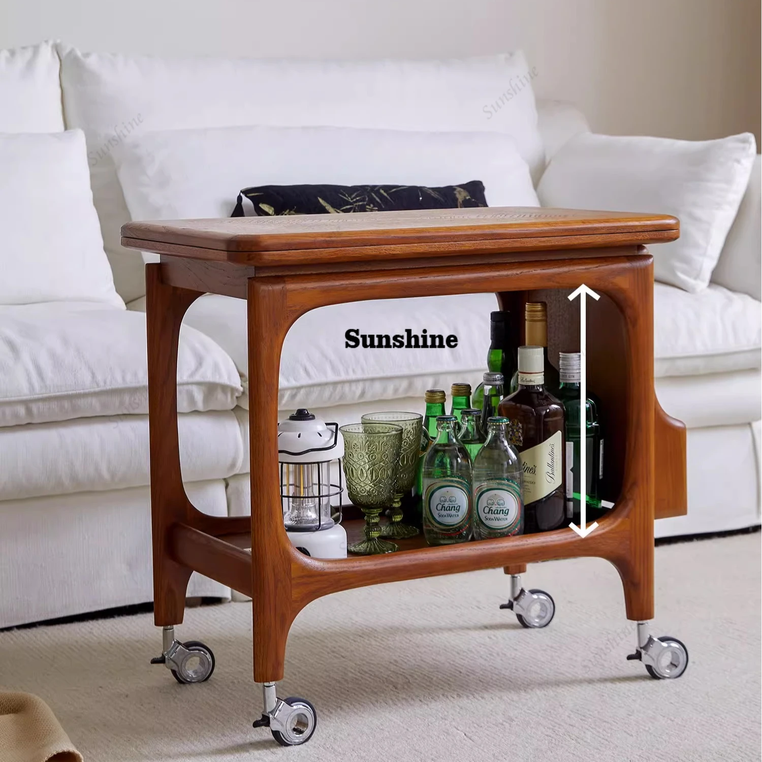 Second-hand solid wood multi-functional mobile side table, living room small apartment cart folding table