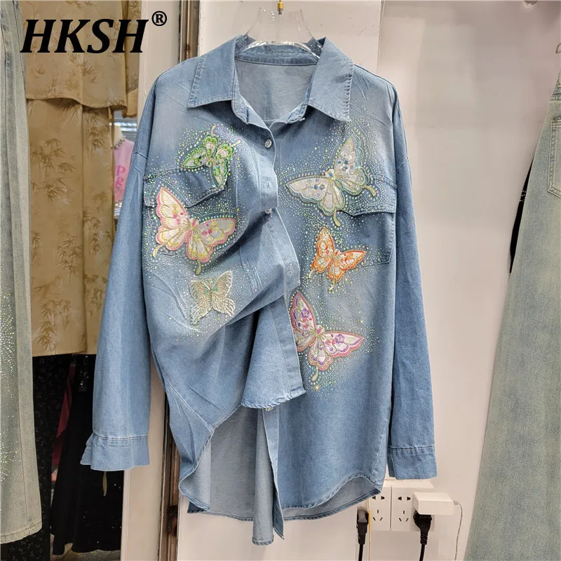 

HKSH весна лето новые женские уличные рубашки Y2K винтажная мода повседневные джинсовые рубашки с длинными рукавами и вышивкой бабочки HK5544