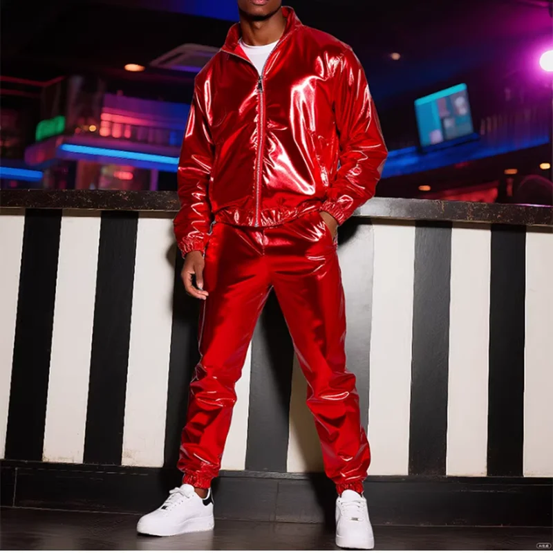 

2026 New Men's Shiny Gold Stage Performance Suit Set, Silver Loose Long Sleeve Jacket with Pants, Fashion Stylish Casual Outfit.