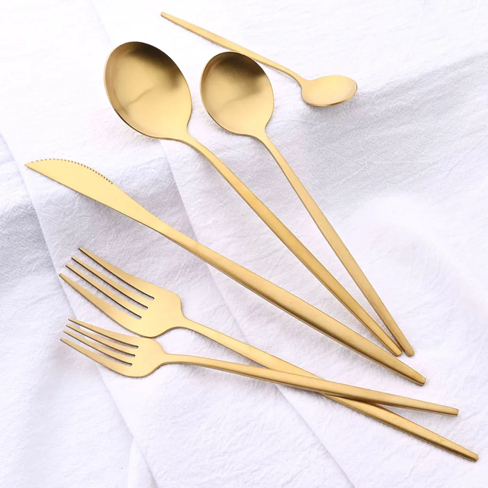 Matte Gold Dinnerware Set Stainless Steel Cutlery Set 12/30Pcs Knife Fork Spoon Dinner Tableware Set Cake Dessert Fruit Tea Fork