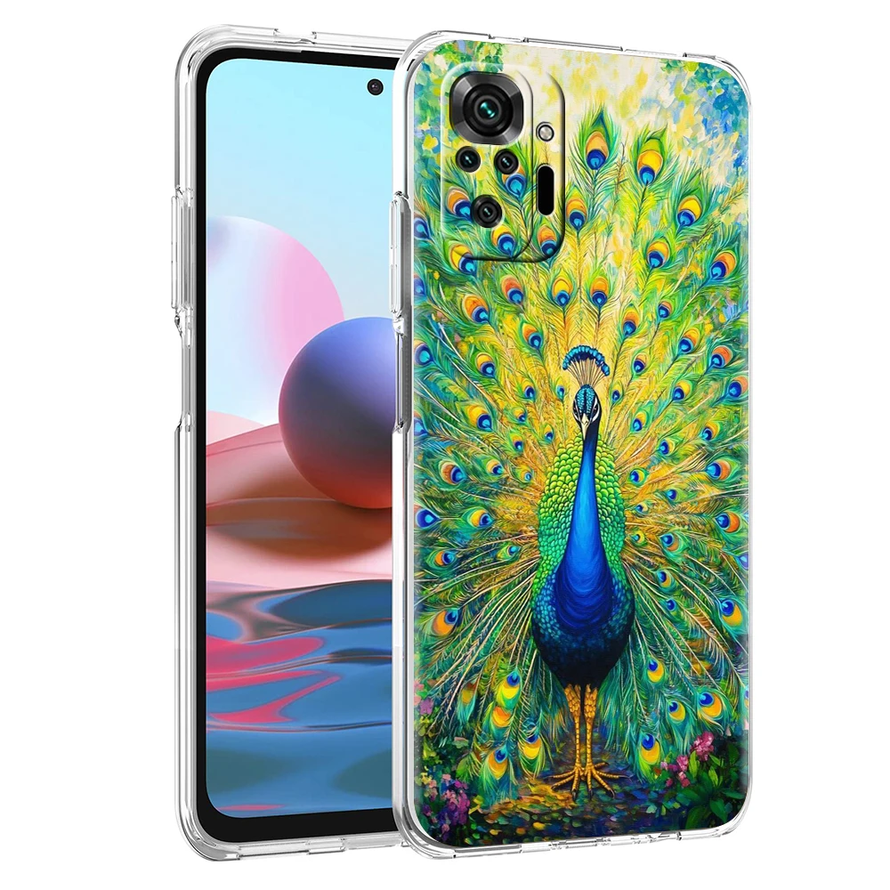 Transparent Phone Case for Redmi 14C 13C Note 15 14 13 12 11 K40 K50 Plus Pro 4G 5G Soft TPU Cover Shell Beautiful Peacock Capas
