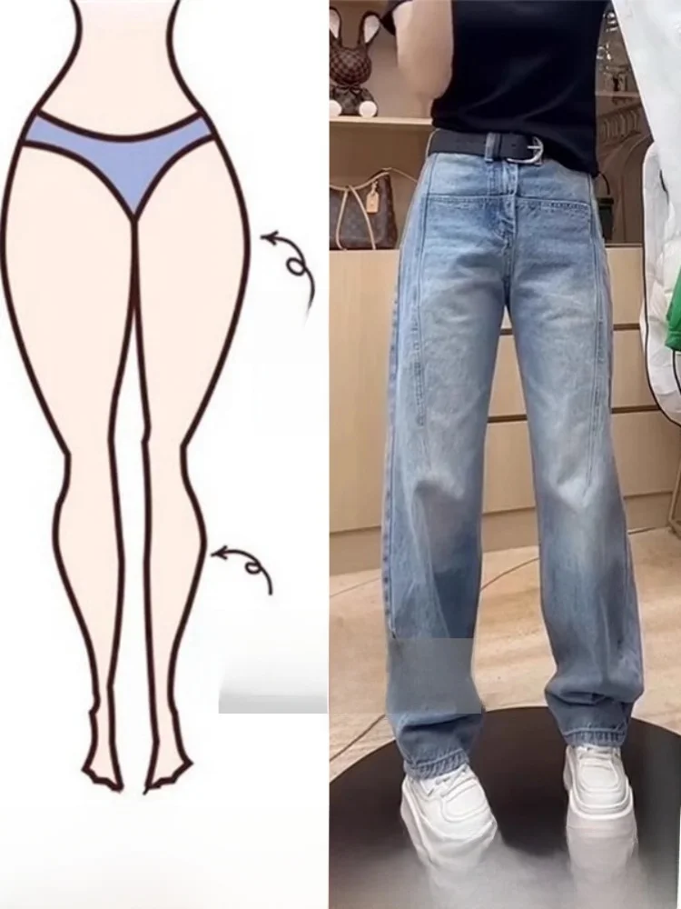 

Женские джинсы с высокой талией и широкими штанинами, свободные брюки-бананы, прямые брюки для повседневной носки, корейская мода, с деталями на карманах