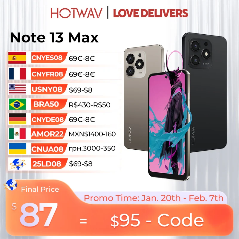 HOTWAV Note 13 Max Mobile Phone 6.8'' HD+ Display Android 14 16(6+10)GB 256GB Cellphone 48MP 5160mAh 9.2mm Ultra-Thin Smartphone