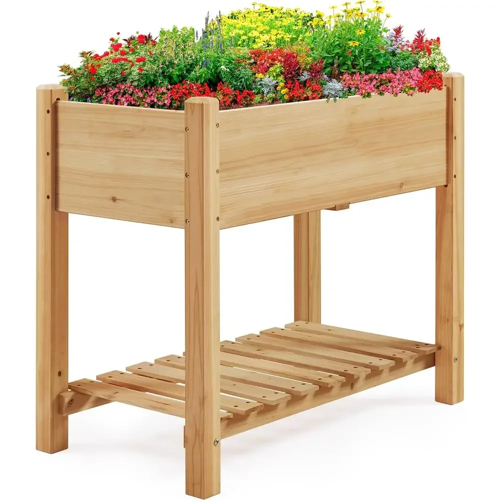 Elevated Wooden Garden Bed with Legs & Storage Shelf for Vegetables, Flowers, and Plants - Ideal for Backyard, Patio, Balcony, L