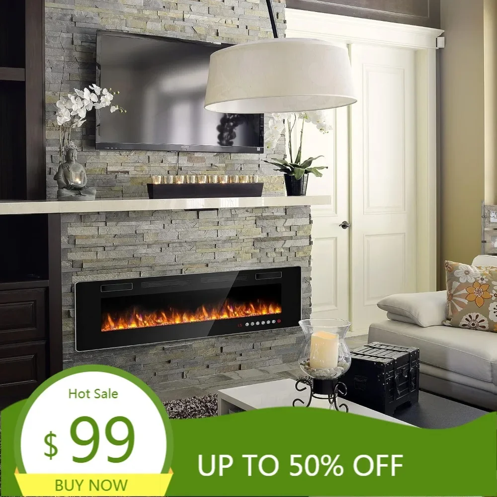 

"72-inch slimline electric fireplace, wall-mounted design, compatible with 2x4 and 2x6 framing, 12 adjustable settings"