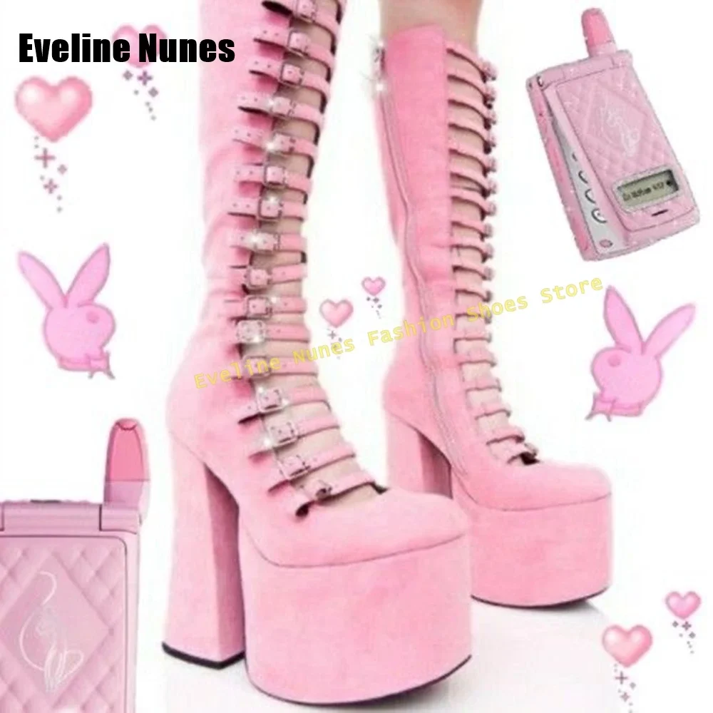 

Розовые замшевые ботинки на платформе с лентой для вечеринок для девочек, вельветовые ботильоны до колена с пряжкой на ремне, милые милые туфли на массивном каблуке, 2025 г.