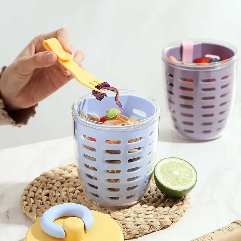 Portable Fruit Cup for Office Workers Stylish Salad Cup with Fork and Spoon Picnic Double-Layer Drainable Freshness Box