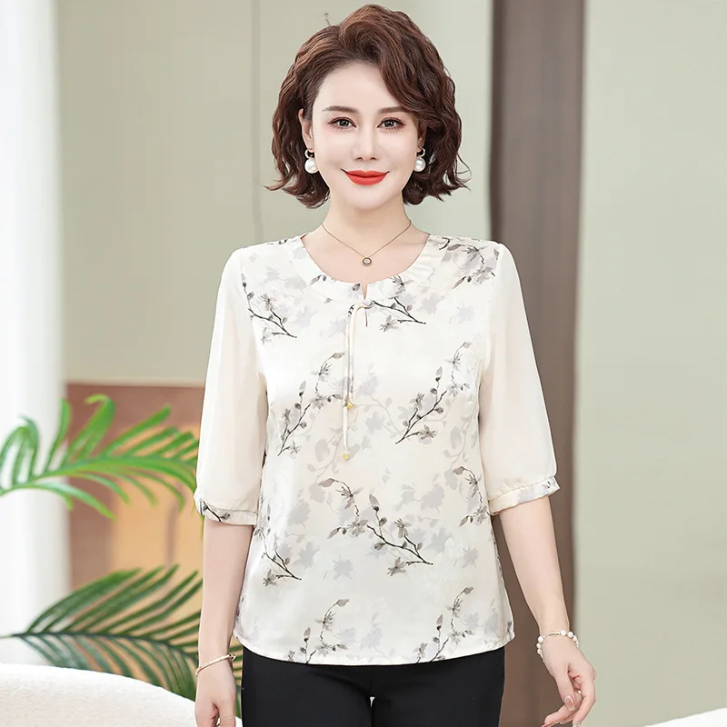 

New Chinese mom summer short-sleeved Yanqi bottoming shirt middle-aged women's national style blouse elderly summer fashion suit