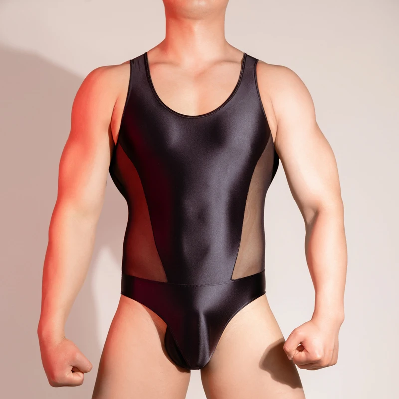 Mens Sexy Oil Glossy Through Bodysuit Erotic Lingerie High Stretchy Leotard Jumpsuit Seductive Wear Men\'s underwear body suit
