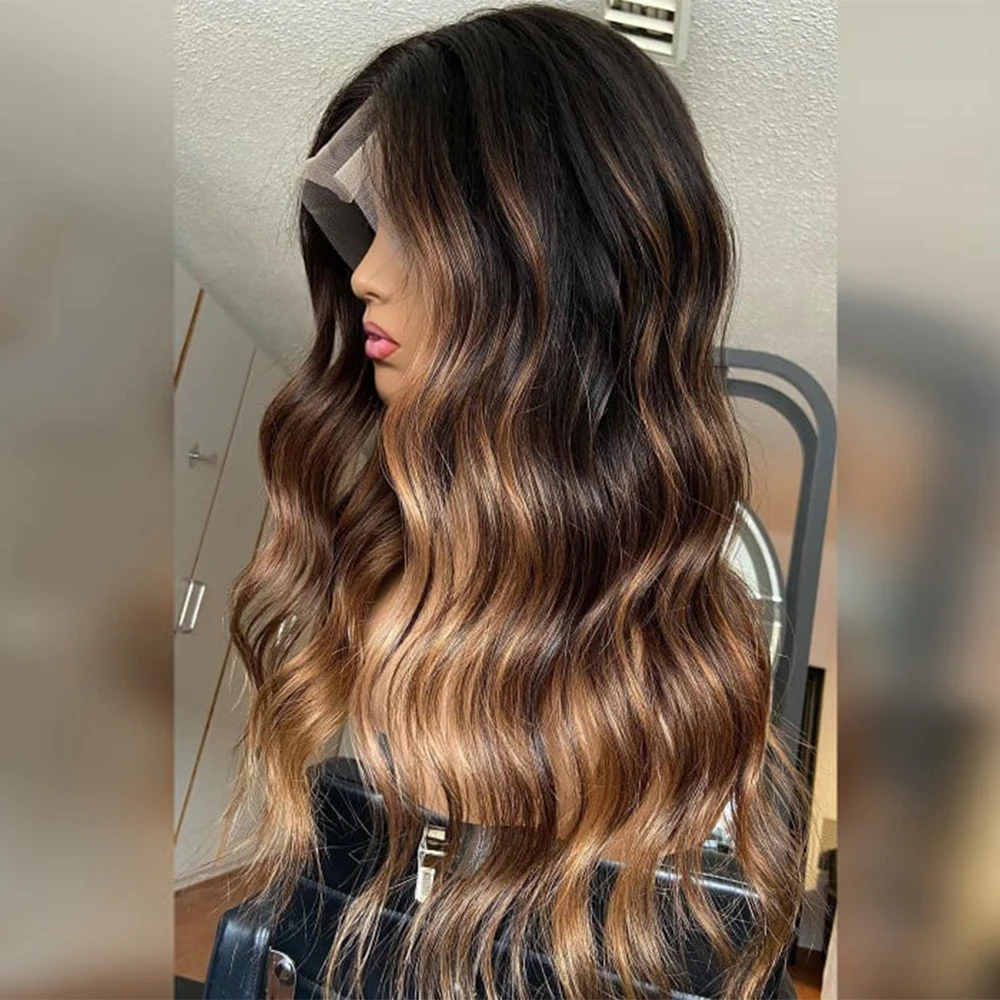 Balayage-Peluca de cabello humano Remy morena para mujer, postizo de encaje frontal, marrón, Rubio, largo y ondulado, 200% de densidad