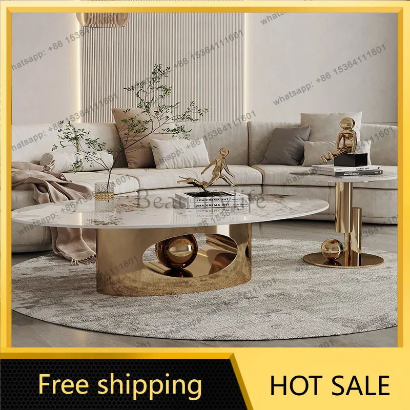 LS Italian rock slab size coffee table combination oval light luxury minimalist stainless steel designer home