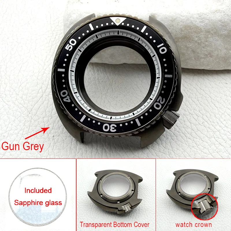 

44mm Gun Grey 6105 6309 Case Crown at 4.1 Fits NH35 NH36 4R Movement for Abalone Turtle Watch Replace Diving Watch Case Custom