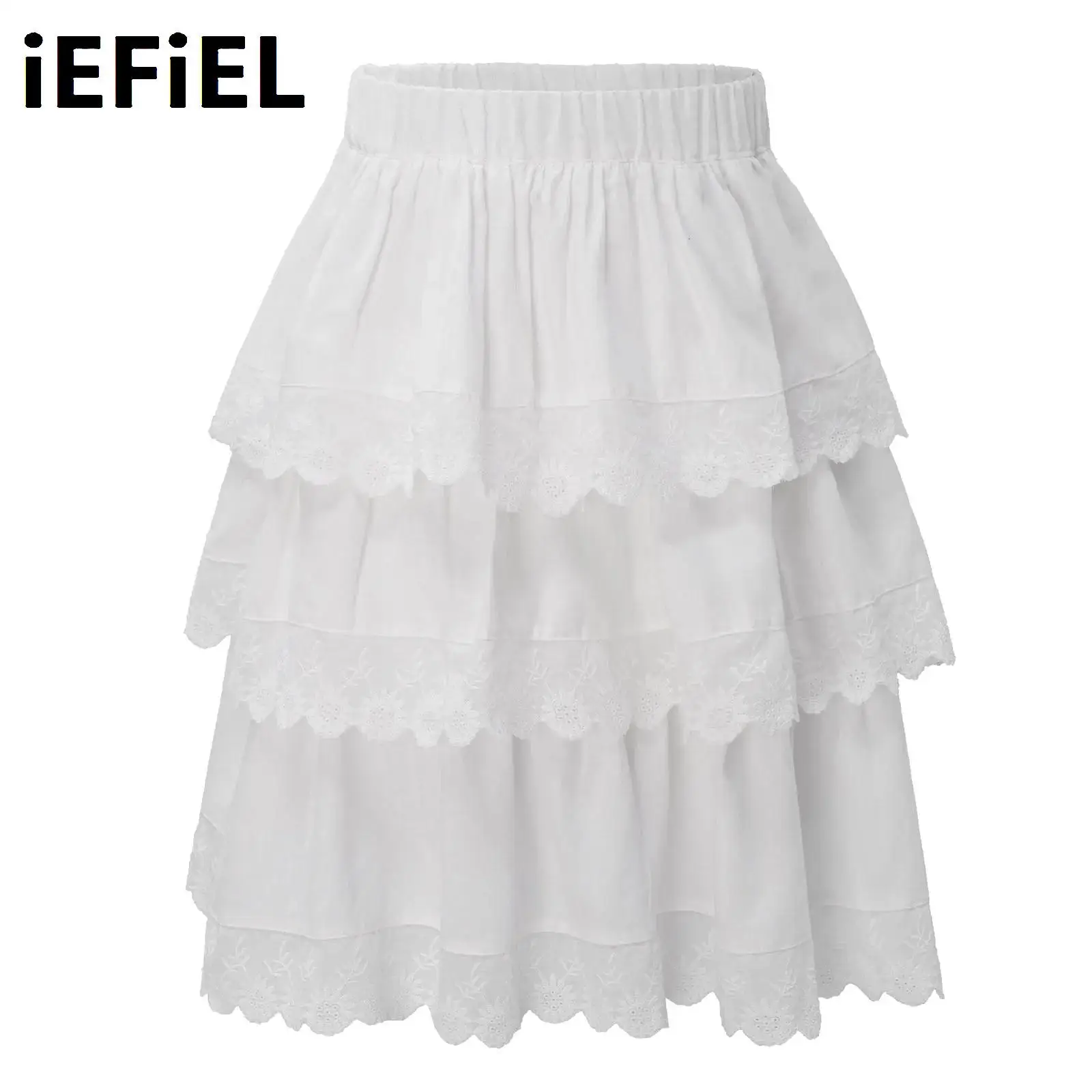 

Kids Lovely Tiered Skirt Girls Elastic Waistband Embroidered Flower Trim A-line Skirt for Daily Wear Outdoor Activities