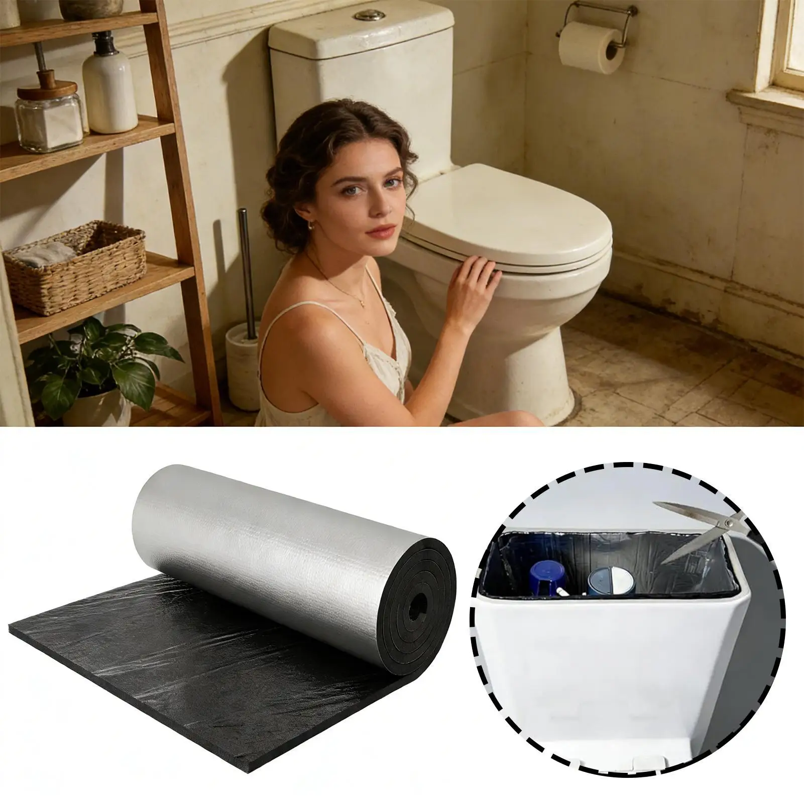 Isoliermatte für WC-Wassertank mit selbstklebender Aluminiumfolie und Gummibahn zum Frostschutz von Wassertankleitungen