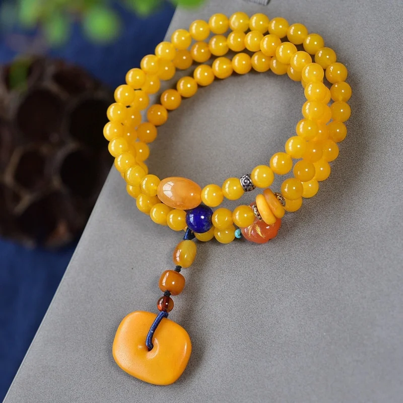

Natural Three-Circle Bracelet, Rich Wax, Full Honey Chicken Oil Yellow Old Beeswax 6.3mm