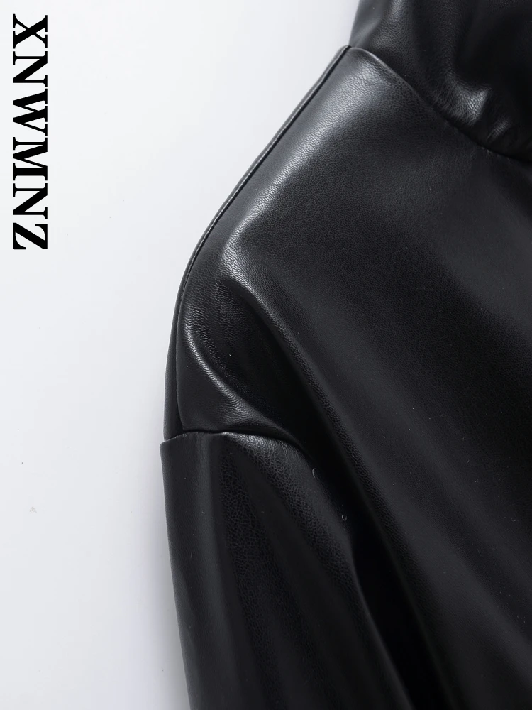 XNWMNZ 2024 Autumn Woman Hipster Long Sleeve Faux Leather Top Outerwear Party Woman's Stand Collar Coat zipper Leather Jacket