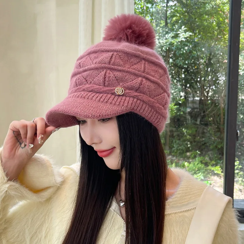 Autumn and winter hat female winter warm padded knitted cap wool cap thickened duck tongue cap warm plush ear protection cap