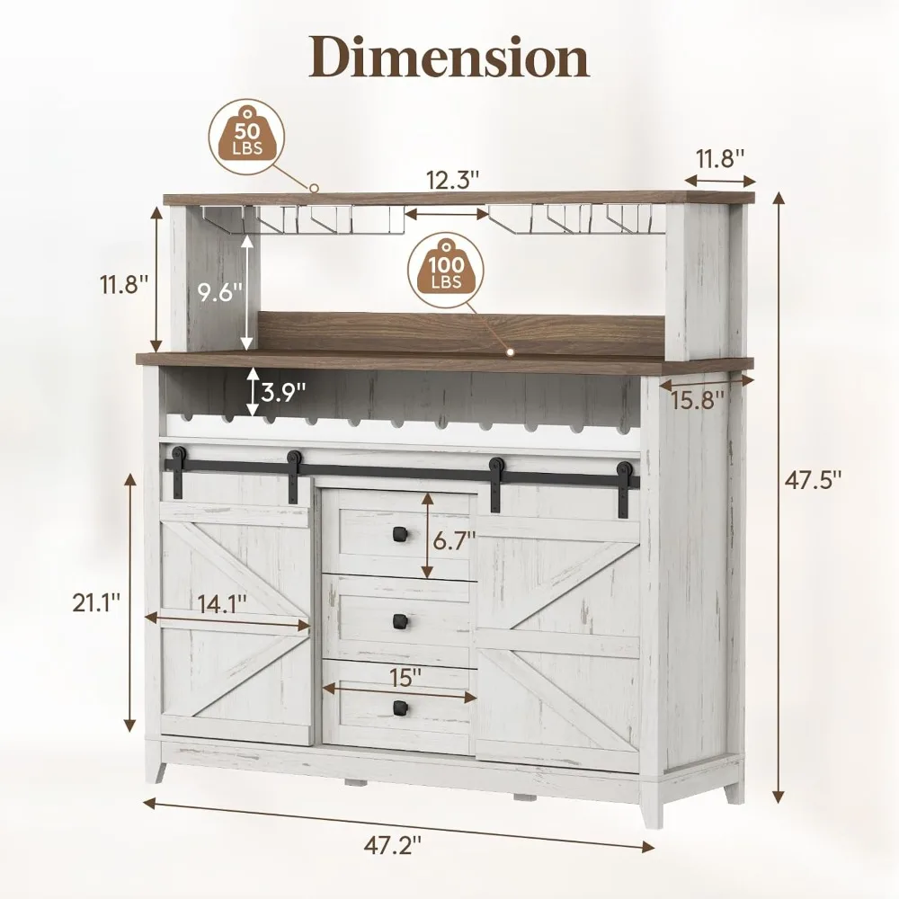 Mueble para bar de vinos de granja con puerta corrediza y luces LED, aparador con mesa de 2 capas, estantes para vino y vasos