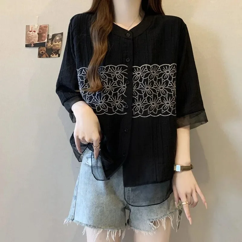 

2025 New Women's Shirt Blouse Loose Slim Summer Clothing for Women Heavy Industry Embroidery Chiffon Shirt Short Sleeved Top