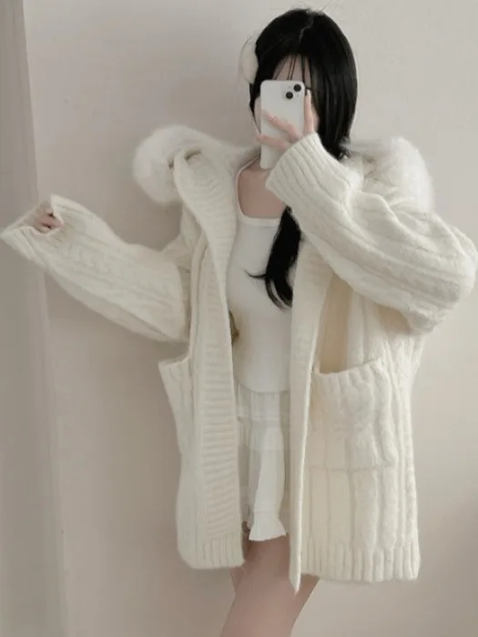 Koreaanse Sle Zacht Open Vest Vrouwen Herfst Winter Nieuwe Grote Bontkraag Lange Sve Gebreide Losse Halflange top