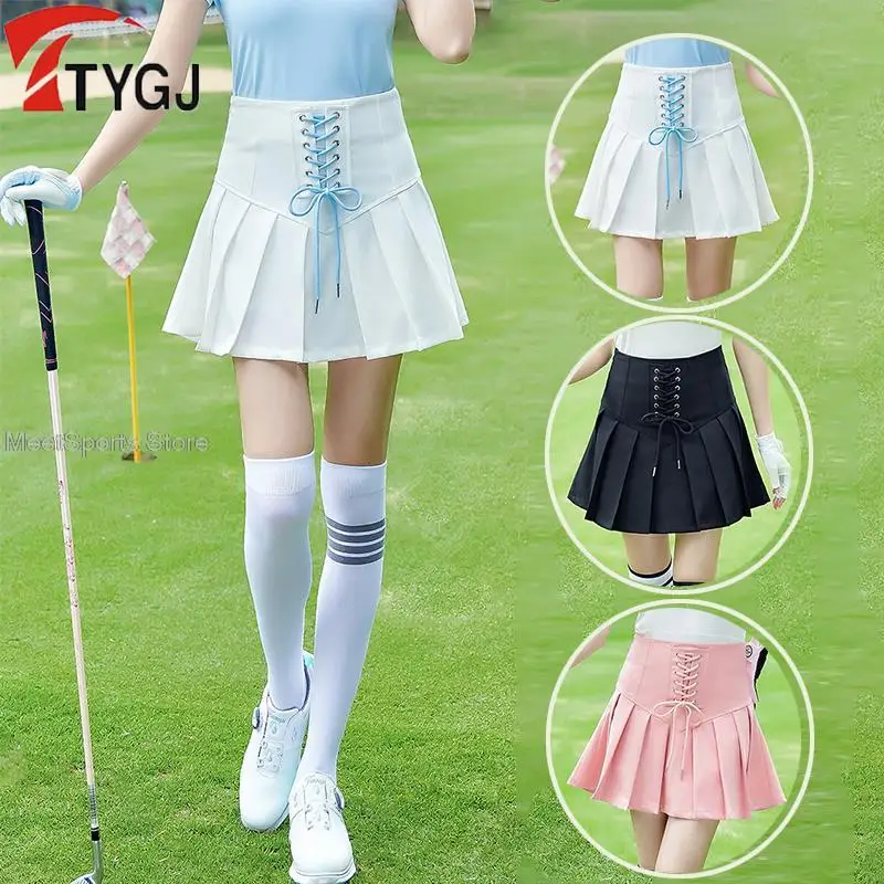 Ttygj Korean High Waist Golf Skirts Women Lace Up A Lined Sports Skirt Ladies Summer Pleated Streetwear Skorts With Inner Shorts