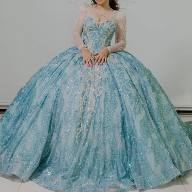 

Blue Shiny Quinceanera Dresses Off The Shoulder Sequin Applique Lace Beads Tulle Long Sleeves Vestidos De 15 Anos Sweet 16 Dress